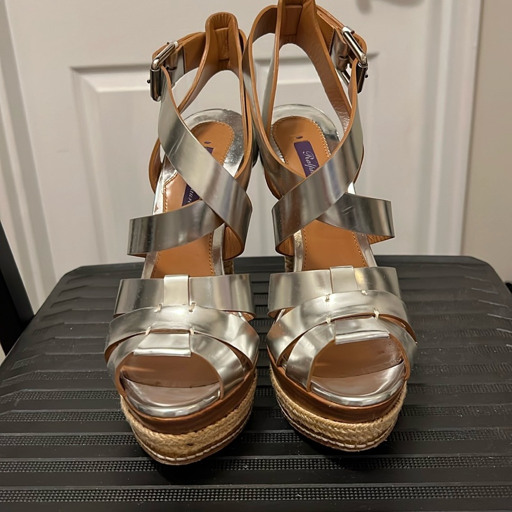 Ralph Lauren Joely Purple Label Silver toned Leather Espadrille Sandals 38.5